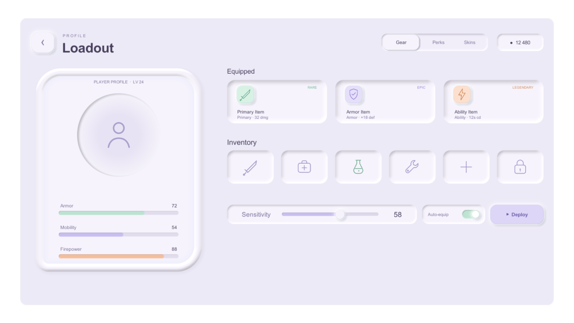 A complete light loadout interface built from editable Rounded Rectangle surfaces