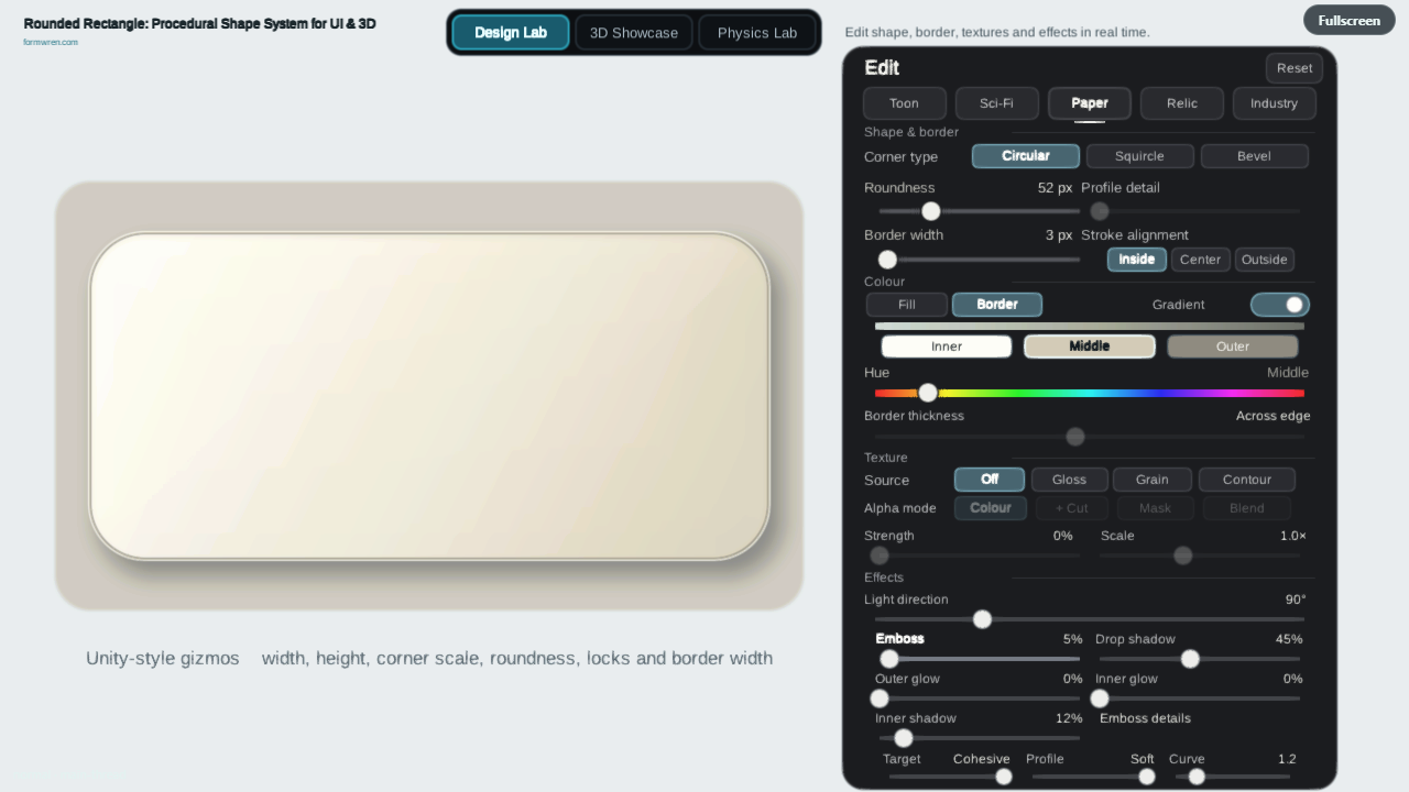 The live Rounded Rectangle Design Lab, with an editable paper panel and shape, colour, and effect controls.
