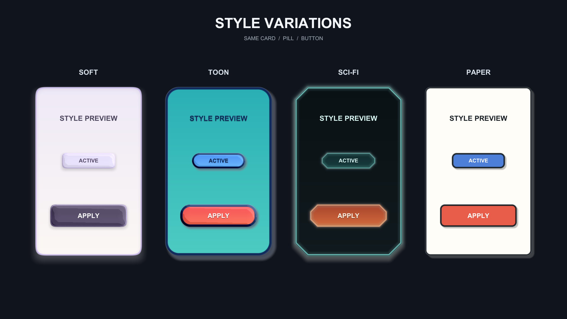The same card, pill, and button structure shown in soft, toon, science-fiction, and paper styles