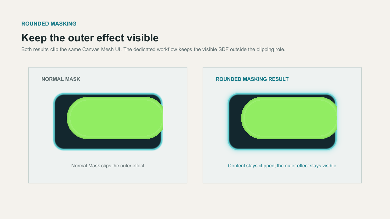 The same masked panel with the outer effect clipped by a normal Mask and preserved by the dedicated rounded-masking workflow.