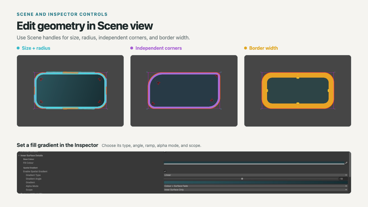 Unity Scene view and Inspector controls for size, radius, independent corners, border width, and gradients